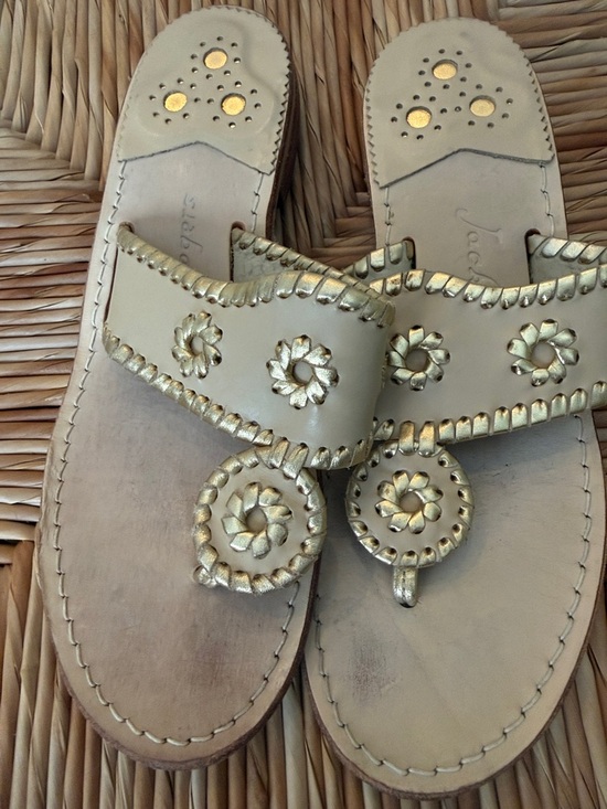 Jack Rogers Shoes - Jack Rogers Tan and Gold Womens Sandal Leather Preppy Jacqueline Kennedy Classic
